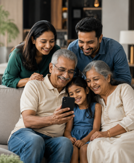 Multi-generational family sharing stories together